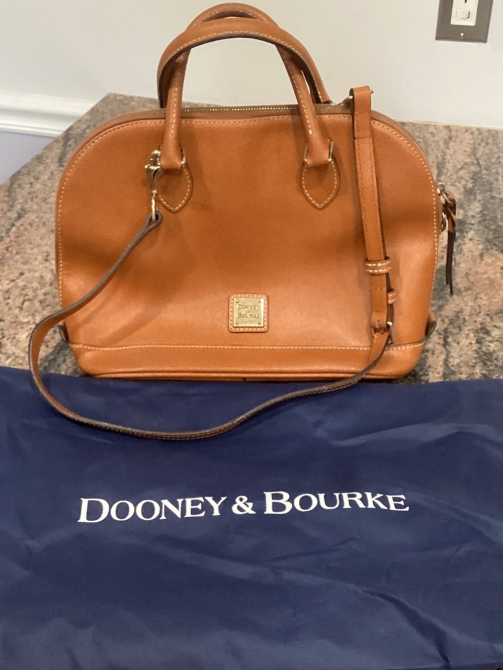 Dooney & Bourke Tan Pebbled Leather Satchel with Crossbody Strap & dust bag